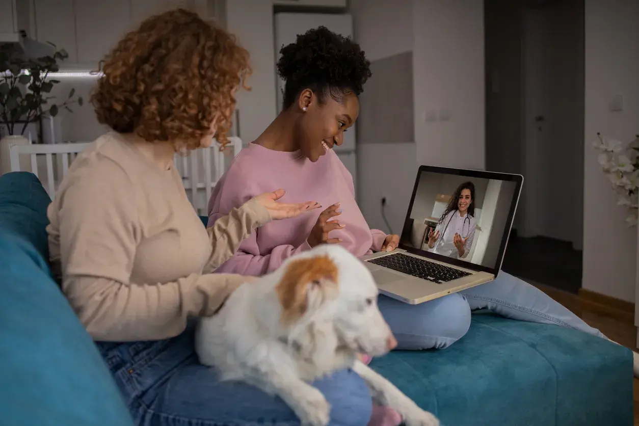 Dos chicas con un perro haciendo una videollamada con una veterinaria